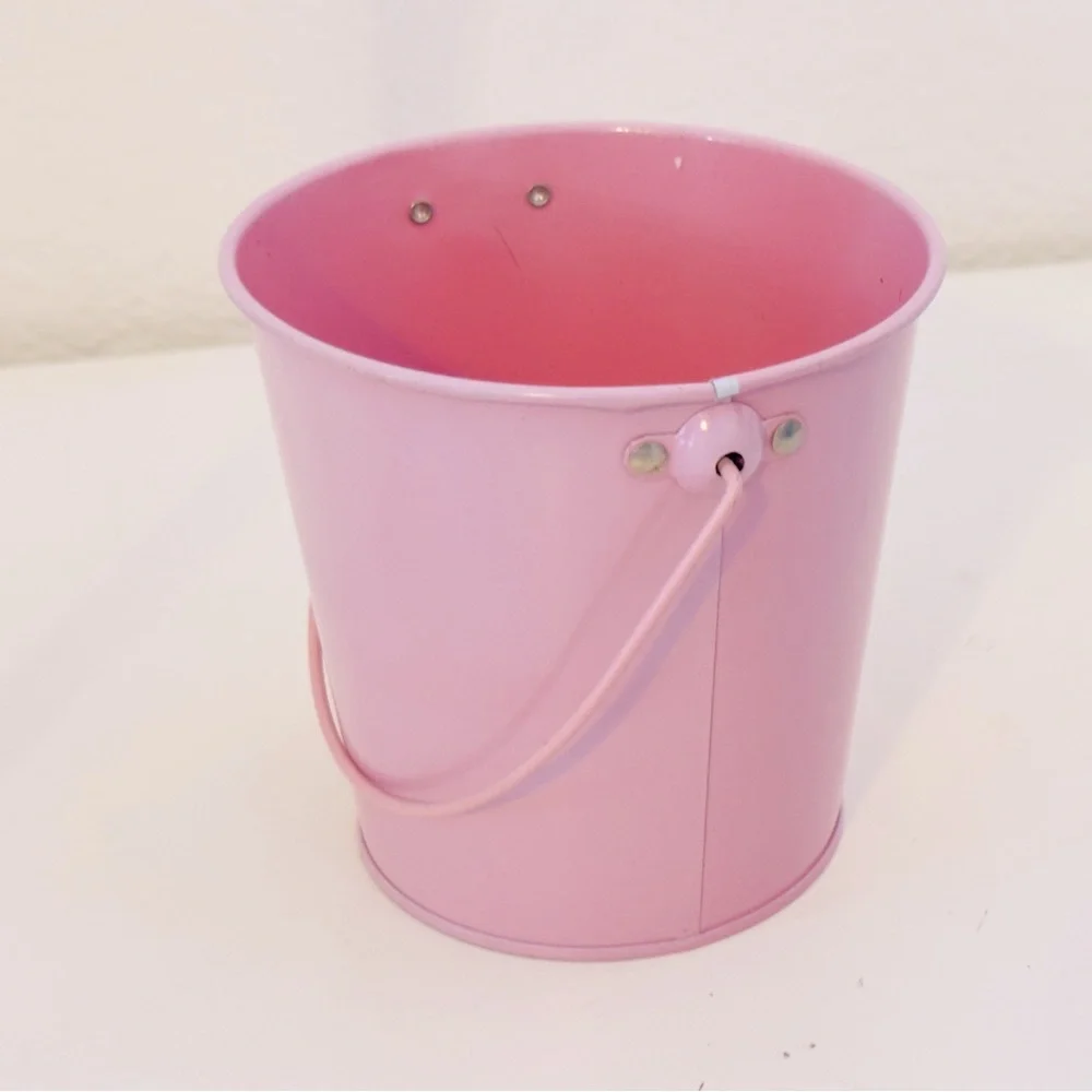 4.5” Metal Pink Tin Bucket for Office Desk, Plant Pot, Organizer, Easter Basket